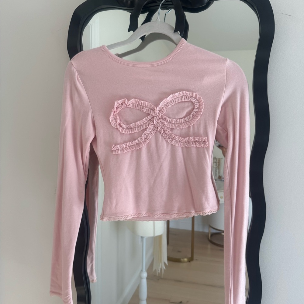 Pink Long Sleeve pant set with Bow and ruffle Detail